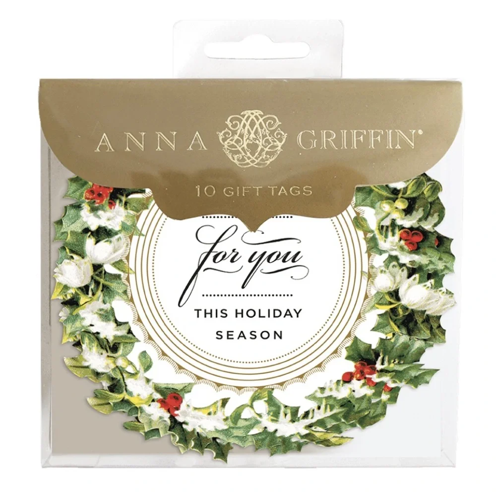 Anna Griffin Holiday Wreath Gift Tags with Red Ribbon, Set of 10 (GT526)